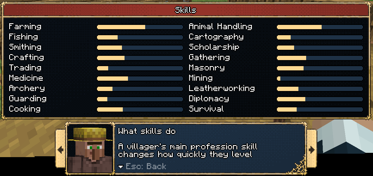 Reviewing a villager's individual skill levels