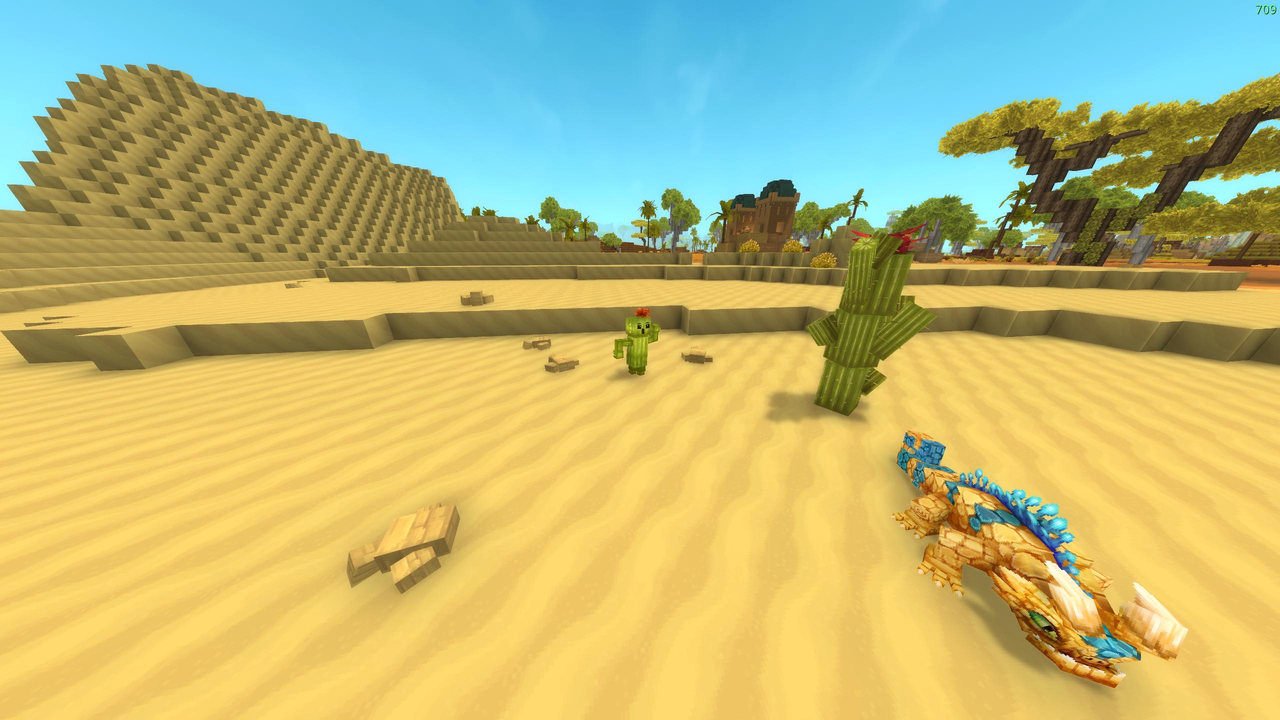 cactual/cactee seen next to a normal cactus and a sand lizard, with a desert hill and a savanna house in the background