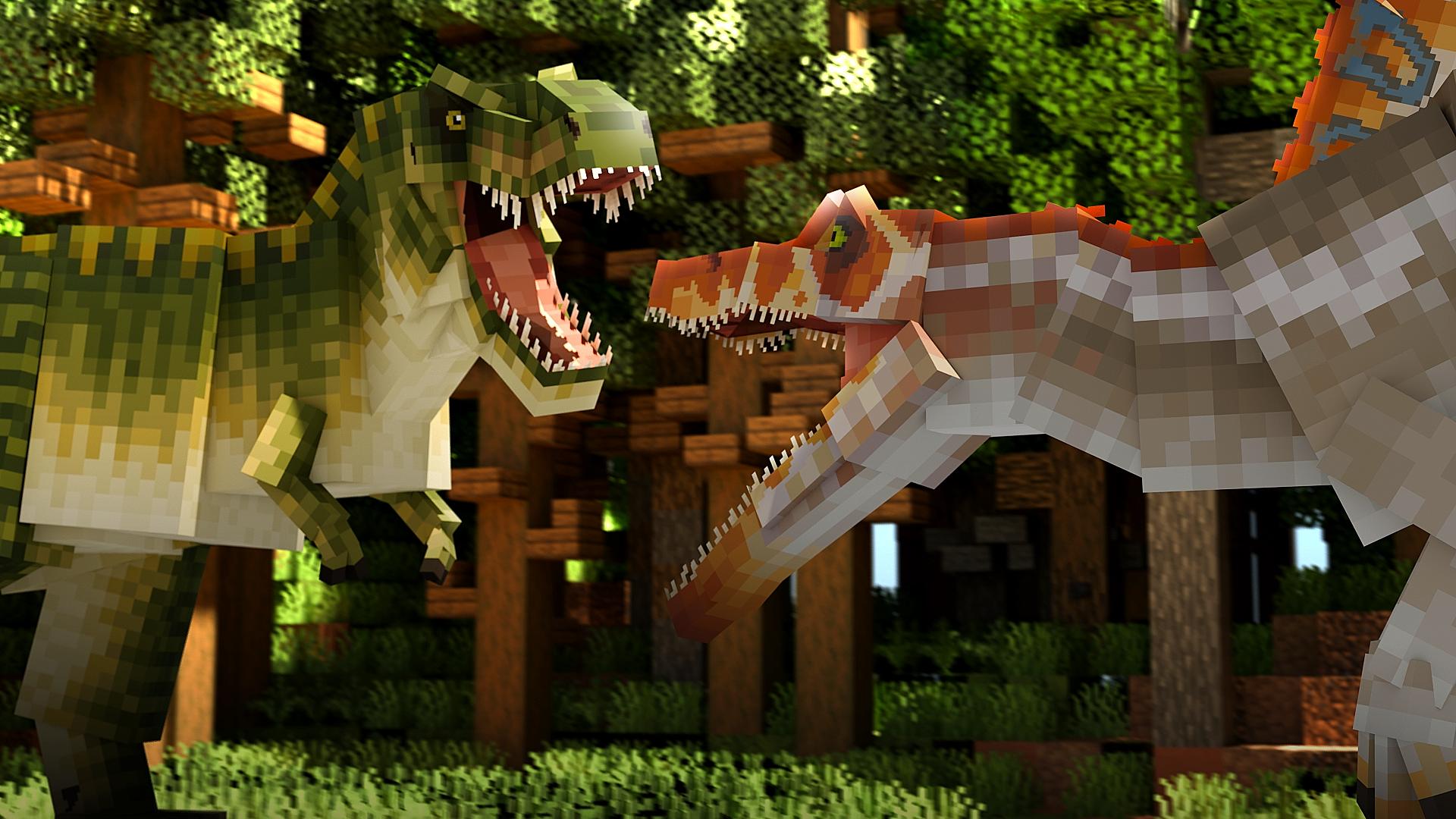 Spinosaurus and Tyrannosaurus engaging in a fight posed