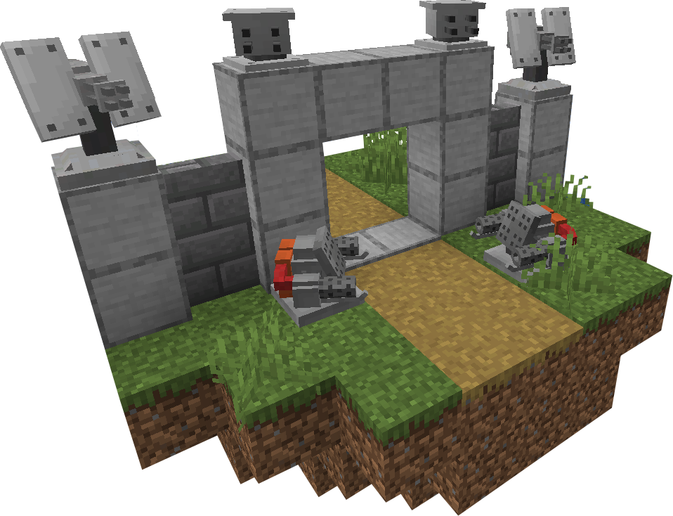 A bunch of turrets guarding an entrance through a wall