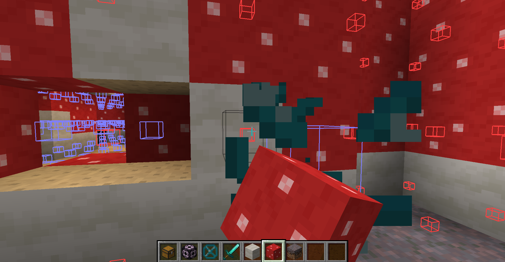 Image showing me trying to break some Mushroom Stem Blocks but Structure Void Blocks gets in the way.