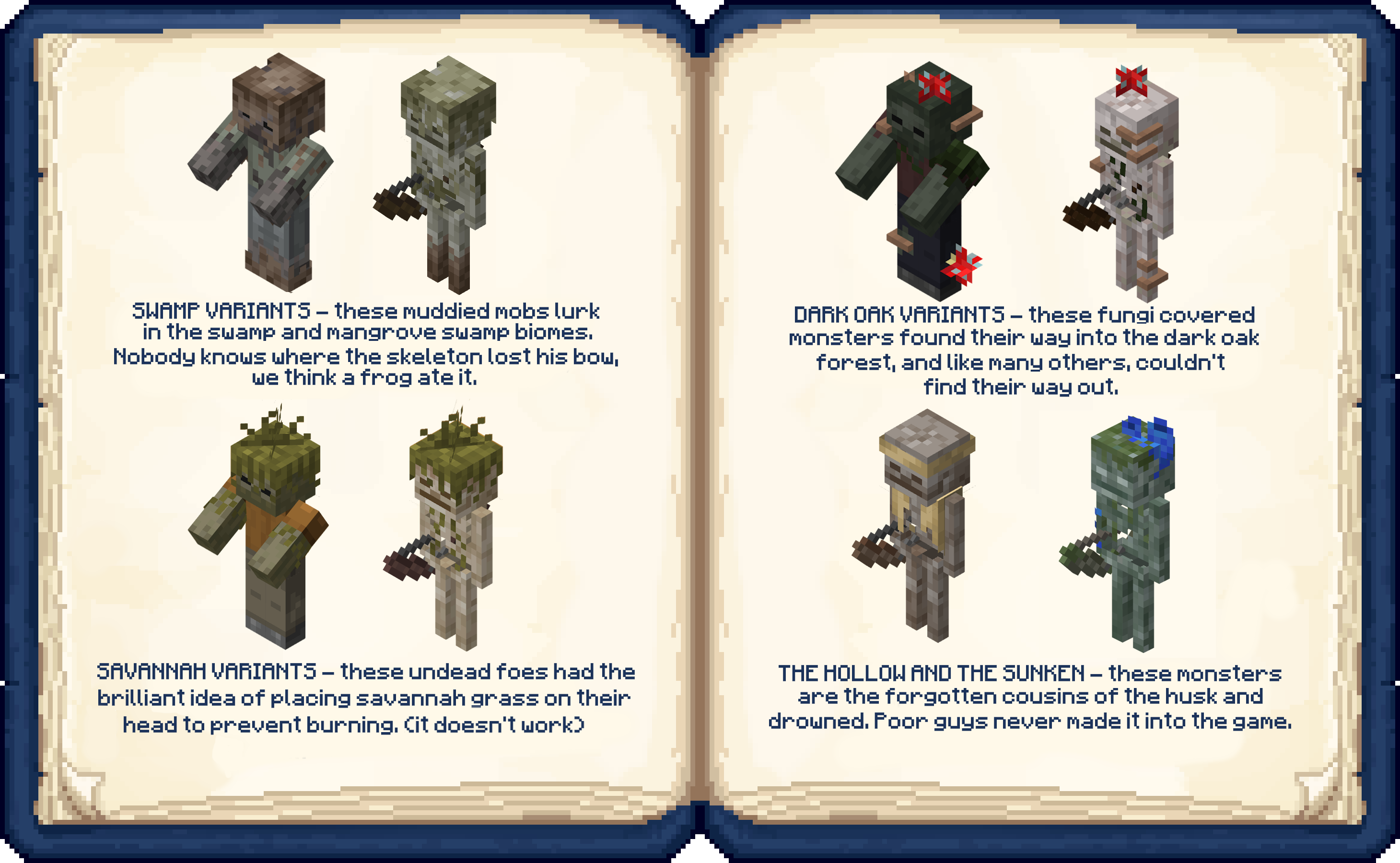 Swamp Zombie, Swamp Skeleton, Savannah Zombie, Savannah Skeleton, Dark Oak Zombie, Dark Oak Skeleton, The Hollow, and the Sunken