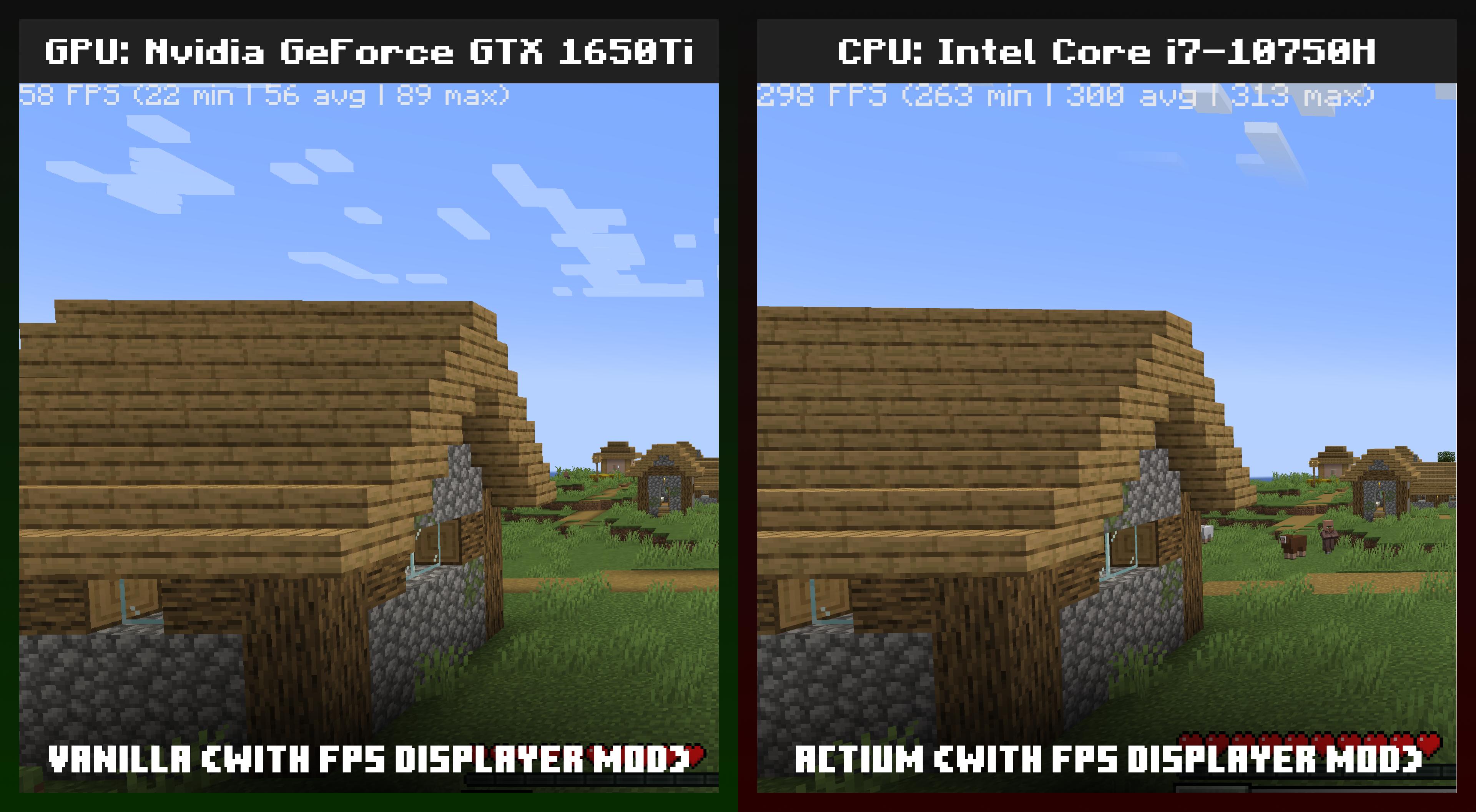 Comparison of the FPS in 1.21.1 vanilla minecraft vs Actium 2.1.3.