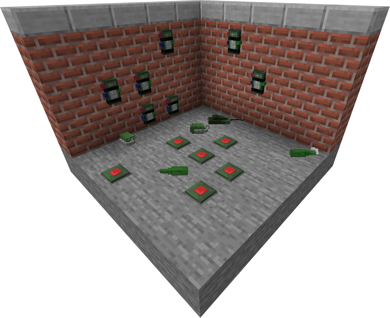A bunch of C4s are on a brick wall throwables lie on the ground nearby