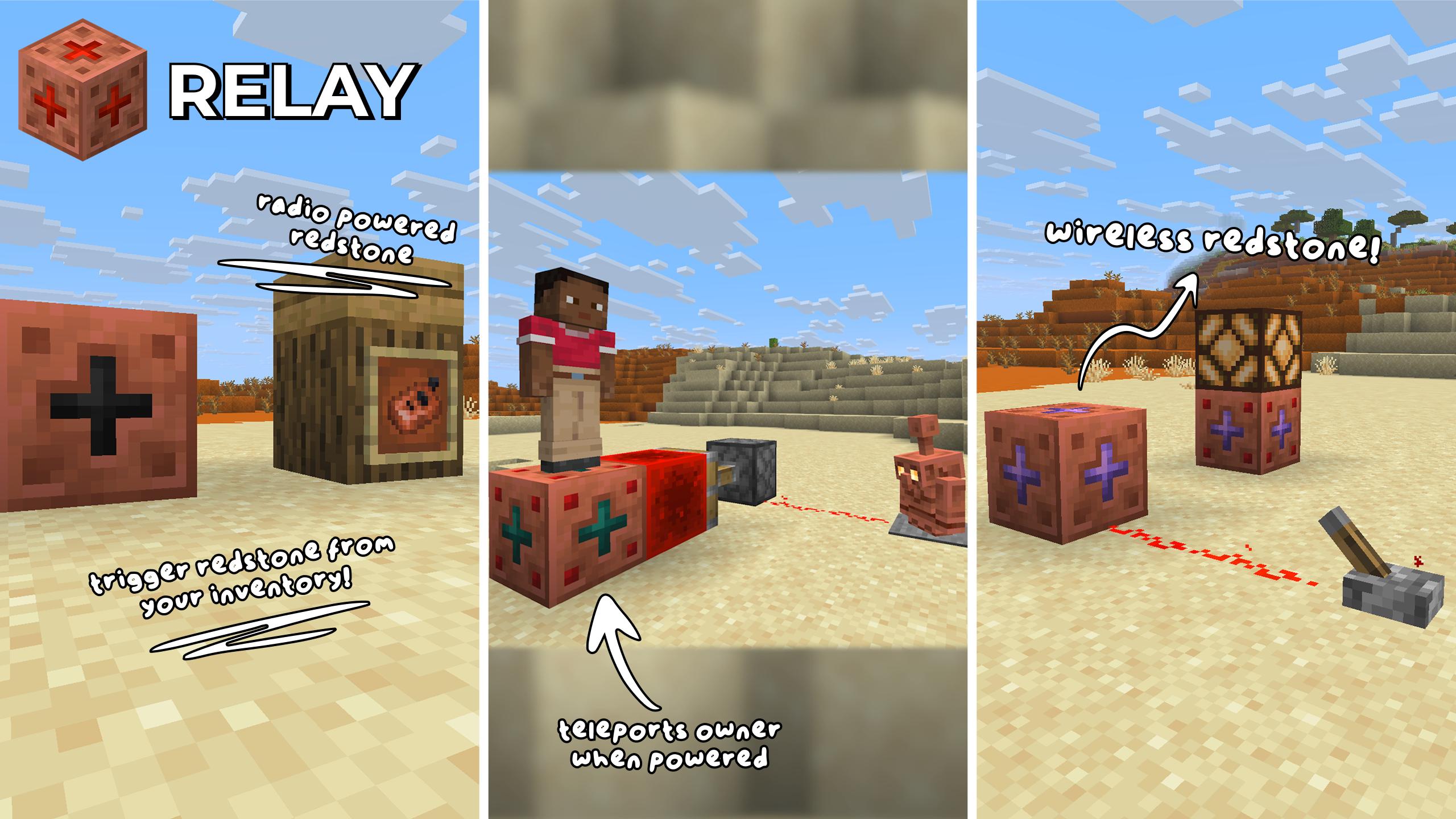 relay. radio powered redstone. trigger redstone from your inventory! teleports owner when powered. wireless redstone!
