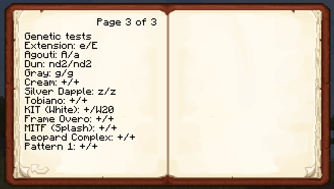 Breeder's Guidebook showing genetic test results