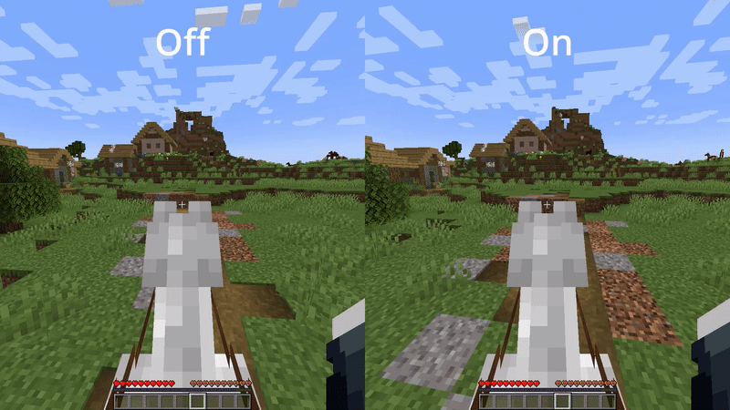 side by side comparison of going down a path with the mod. Horse stops dead at a 1.1 block jump with it off, continues going without a hitch with it on