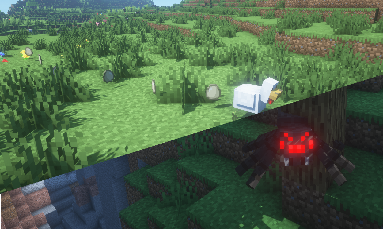 chicken with trail of eggs and spider half-way up wall