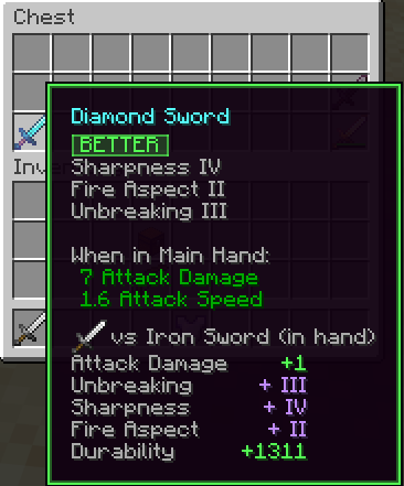 A diamond sword compared to the iron sword in hand