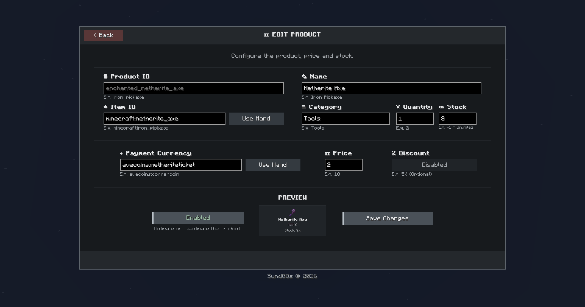 AVECOINS Admin Shop Product Creator and Editor
