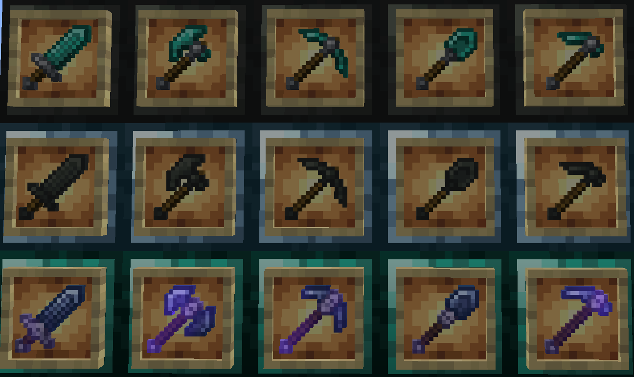 Crystal-based toolsets including Ender, Meteorite, and Resonating variants