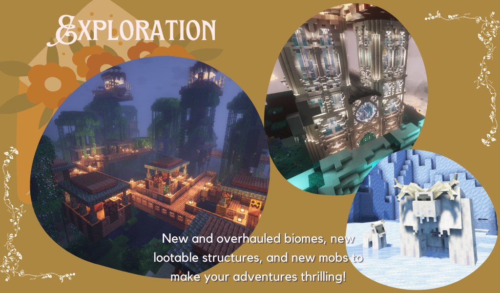 A composite image of a rainy jungle village, a massive white cathedral in the Nether, and a family of Yetis. Text reads: "New and overhauled bomes, new lootable structures, and new mobs to make your adventures thrilling!"
