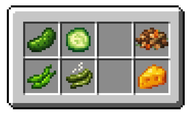 Items: cucumber, sliced cucumber, green beans, steamed green beans, hamster food mix, cheese
