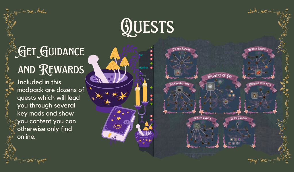 A screenshot of a quest interface with multiple labeled categories for types of quests. Text reads: "Get Guidance and Rewards: Included in this modpack are dozens of quests which will lead you through key mods and show you content you can otherwise only find online."