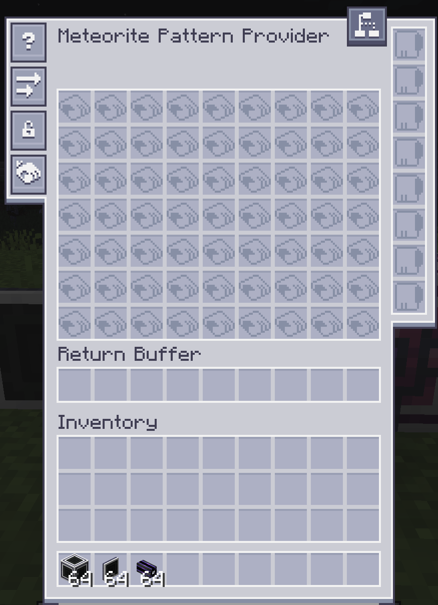 Meteorite Pattern Provider GUI showing 63 available pattern slots