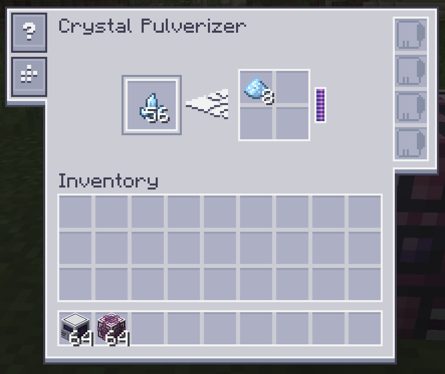 Crystal Pulverizer GUI showing input, output, and upgrade slots