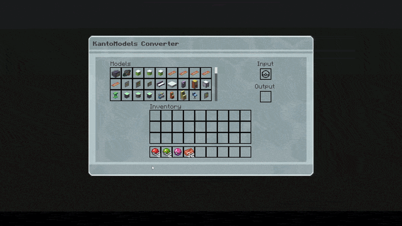 GIF showing the KantoModels Converter block exchanging currency items for decorative models